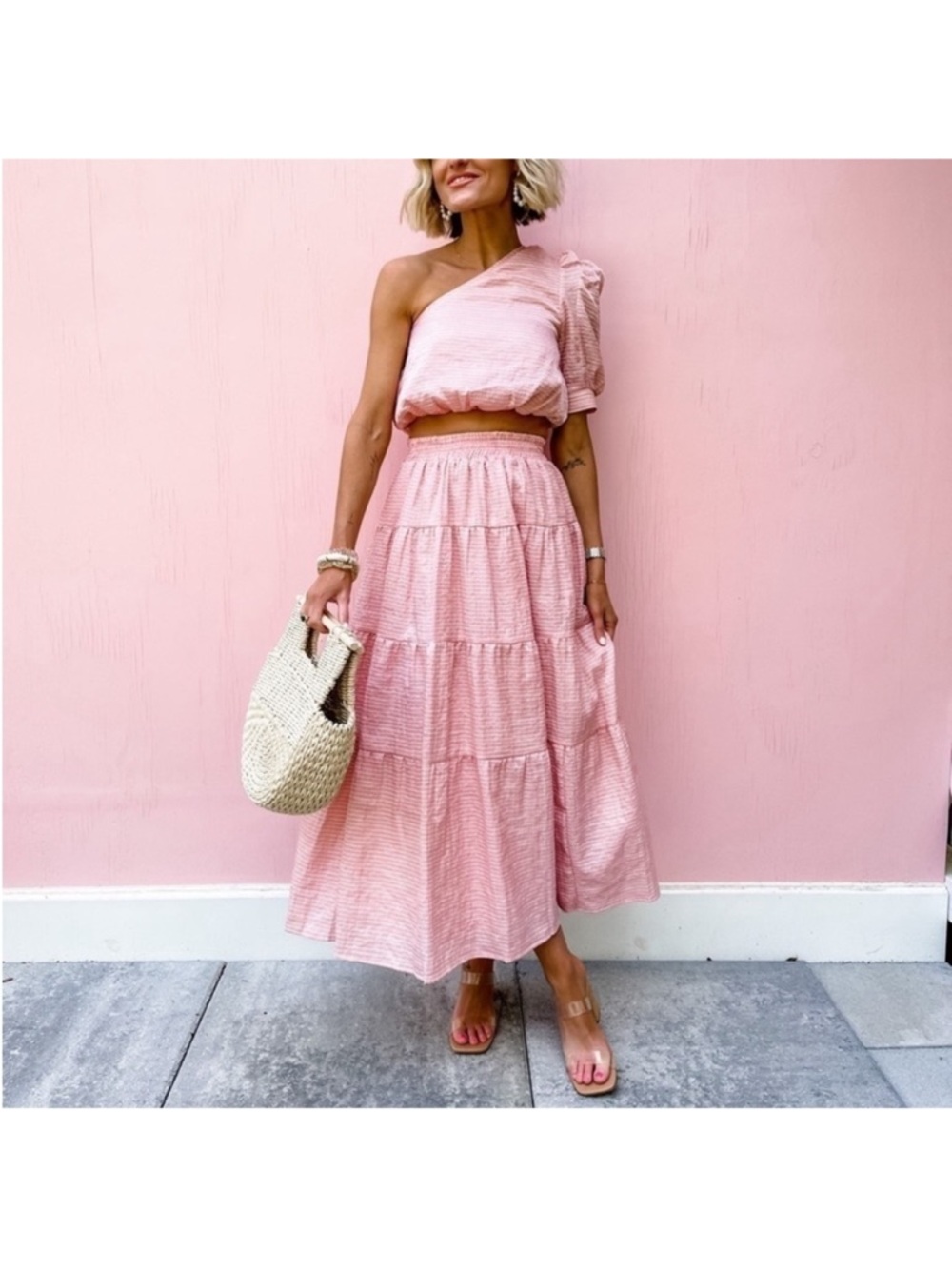 En Saison Pink One-Shoulder Cropped Top with matching Maxi Skirt